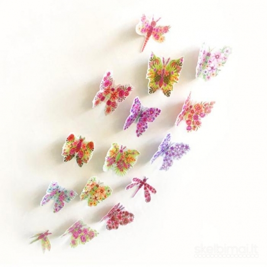 3D sienos lipdukai "Gėlių drugeliai", 15vnt