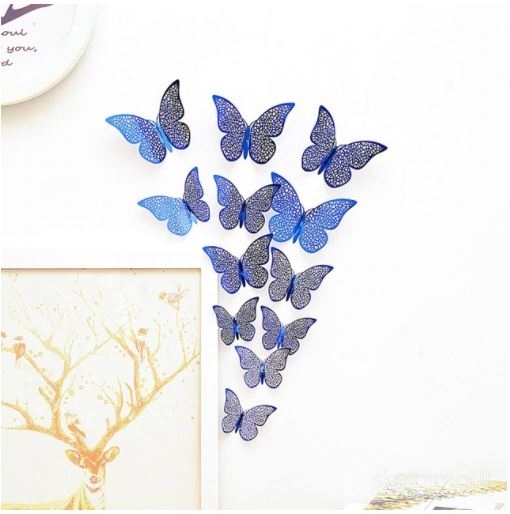 3D sienos lipdukai "Metalo drugeliai", tamsiai mėlyni, 12 vnt.